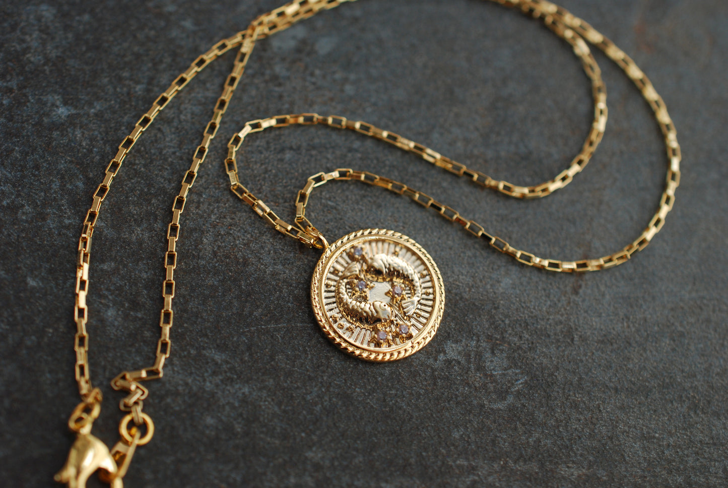 Vergoldete Sternzeichen-Münzen-Kette mit Zirkonia-Steinen