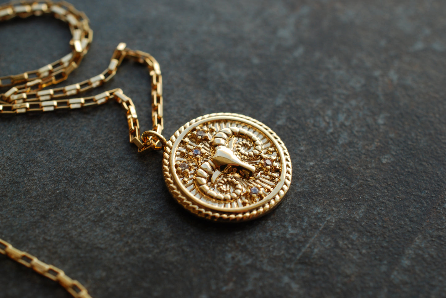Vergoldete Sternzeichen-Münzen-Kette mit Zirkonia-Steinen