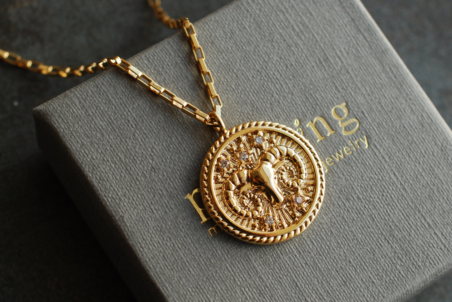 Vergoldete Sternzeichen-Münzen-Kette mit Zirkonia-Steinen