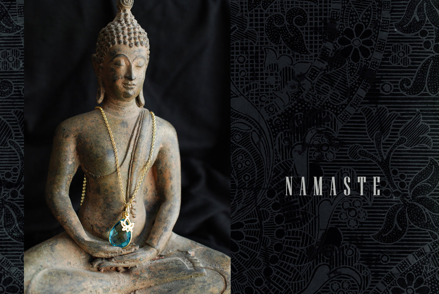 NAMASTE . Vergoldete Kette mit Edelstein-Tropfen Blauer Topas und Lotus-Anhänger
